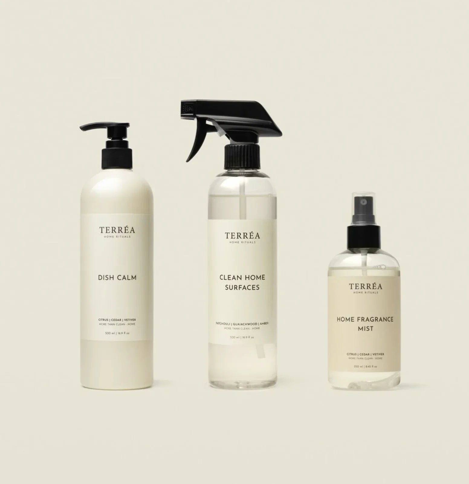 Eco-friendly home care trio: dish soap, surface cleaner, and fragrance mist with citrus, cedar, vetiver scents