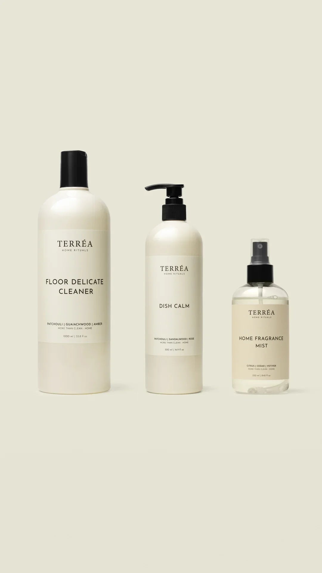 Eco-friendly home cleaning & fragrance products: floor cleaner, dish soap, and mist with natural scents