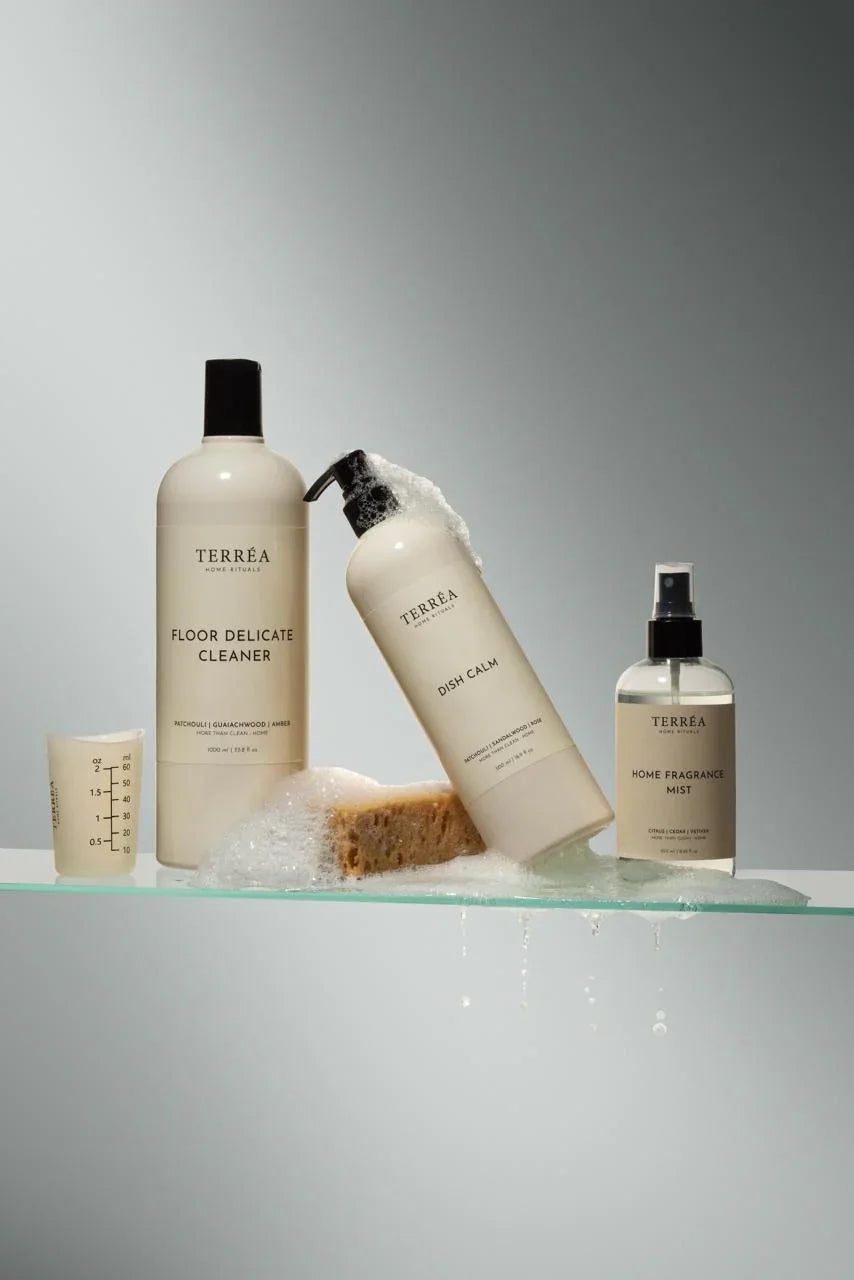 Eco-friendly home cleaning products with foam and sponge, featuring floor cleaner, dish soap, and fragrance mist.
