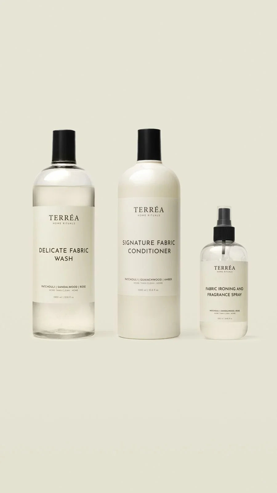 TERRÉA Home Rituals fabric care set: Delicate Wash, Conditioner, and Ironing Spray with natural scents