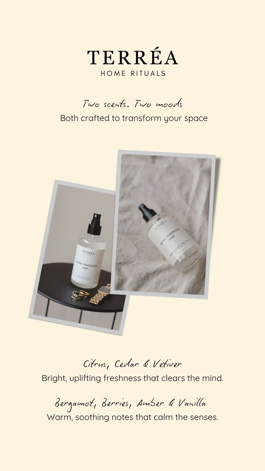 TERRÉA Home Fragrance Mist bottles in Citrus Cedar Vetiver and Bergamot Berries Amber Vanilla scents, styled on table and fabric for cozy home ambiance