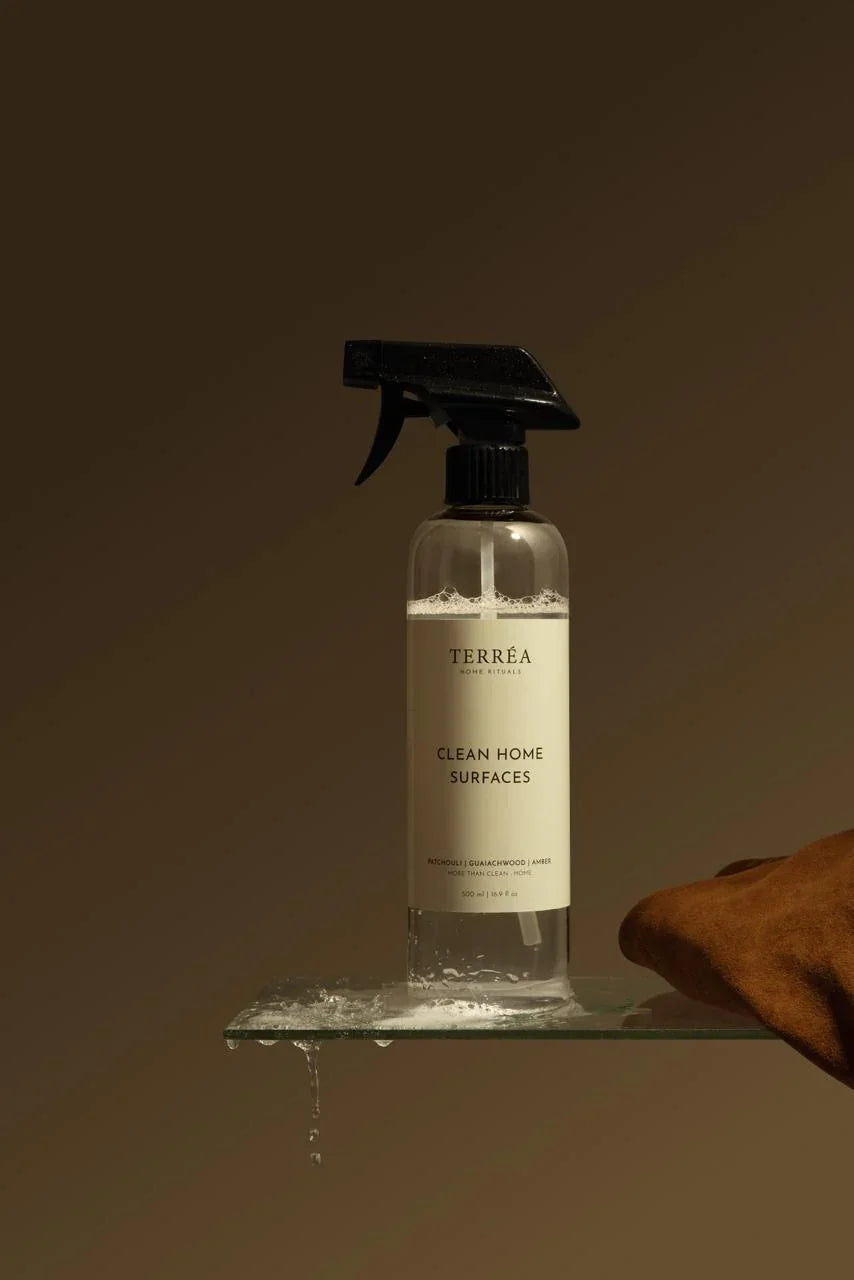 Clear spray bottle labeled &