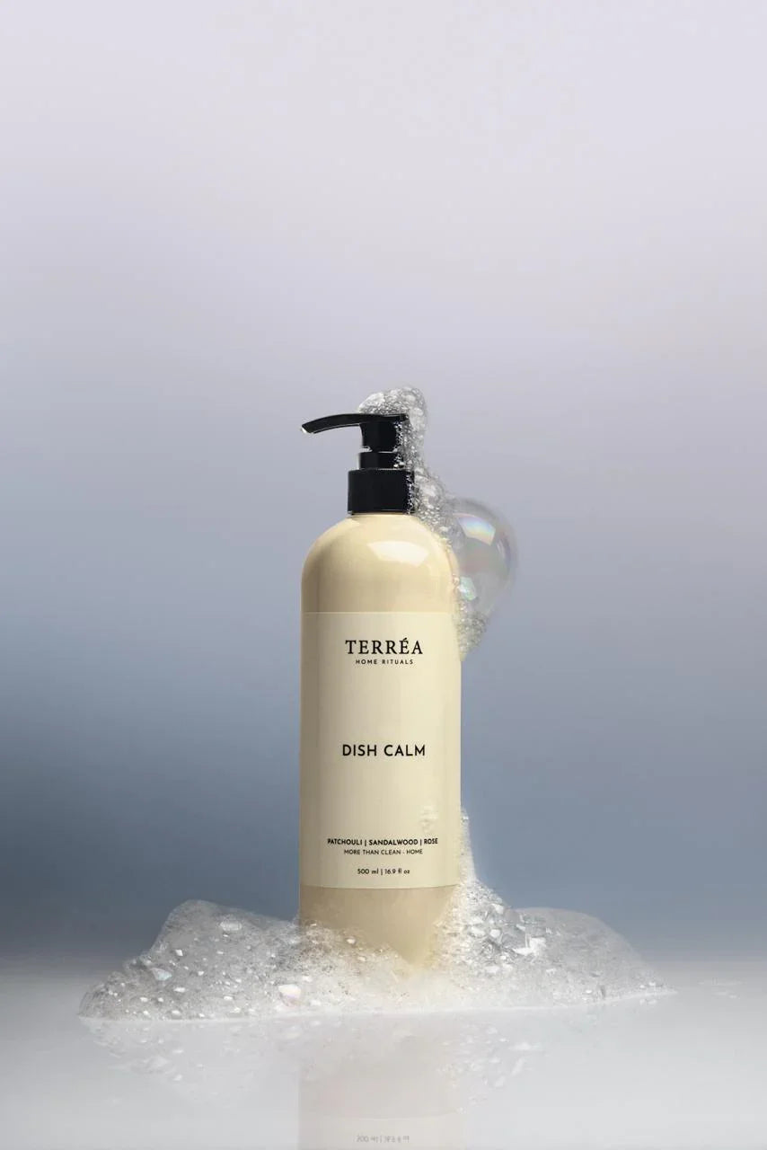 Terréa Dish Calm bottle with pump on a gray background
