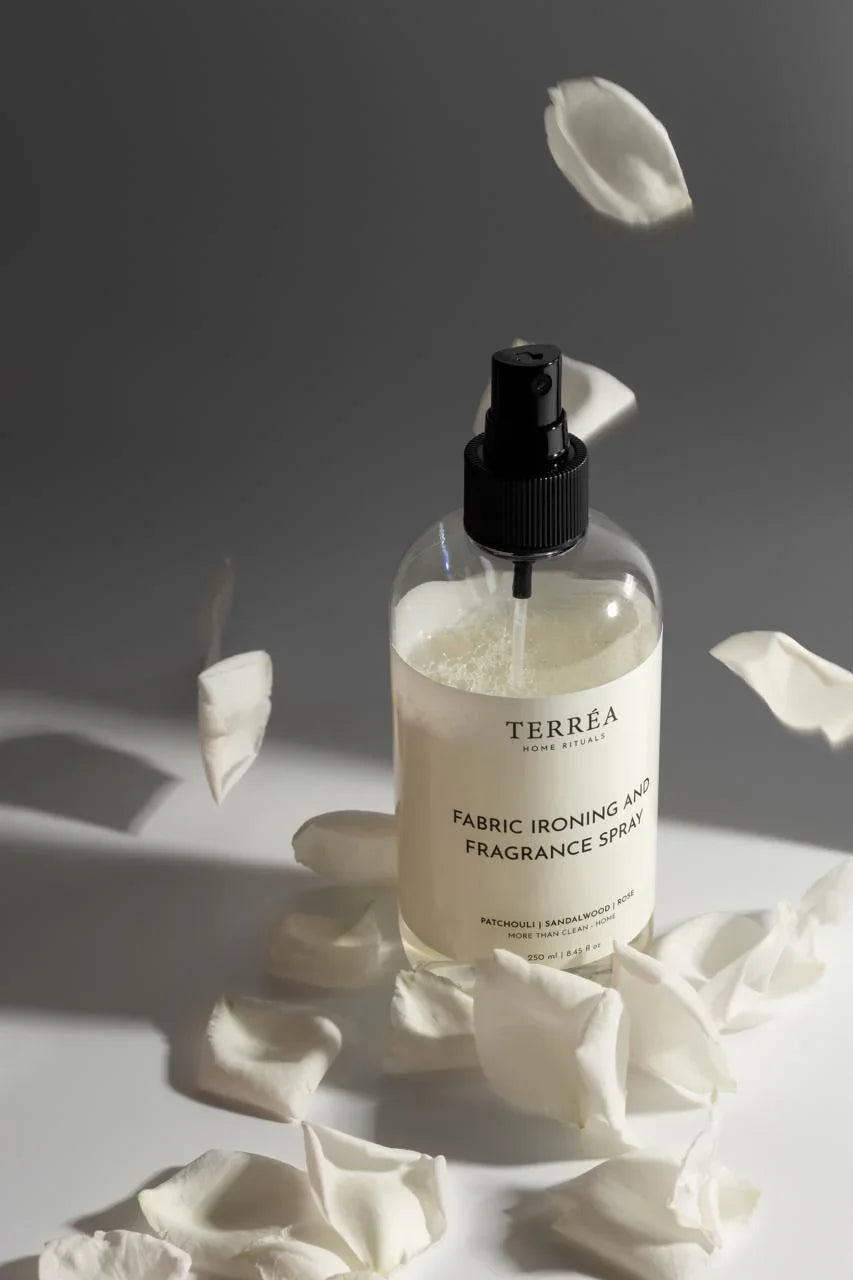 Fabric ironing and fragrance spray with rose petals, eco-conscious home care