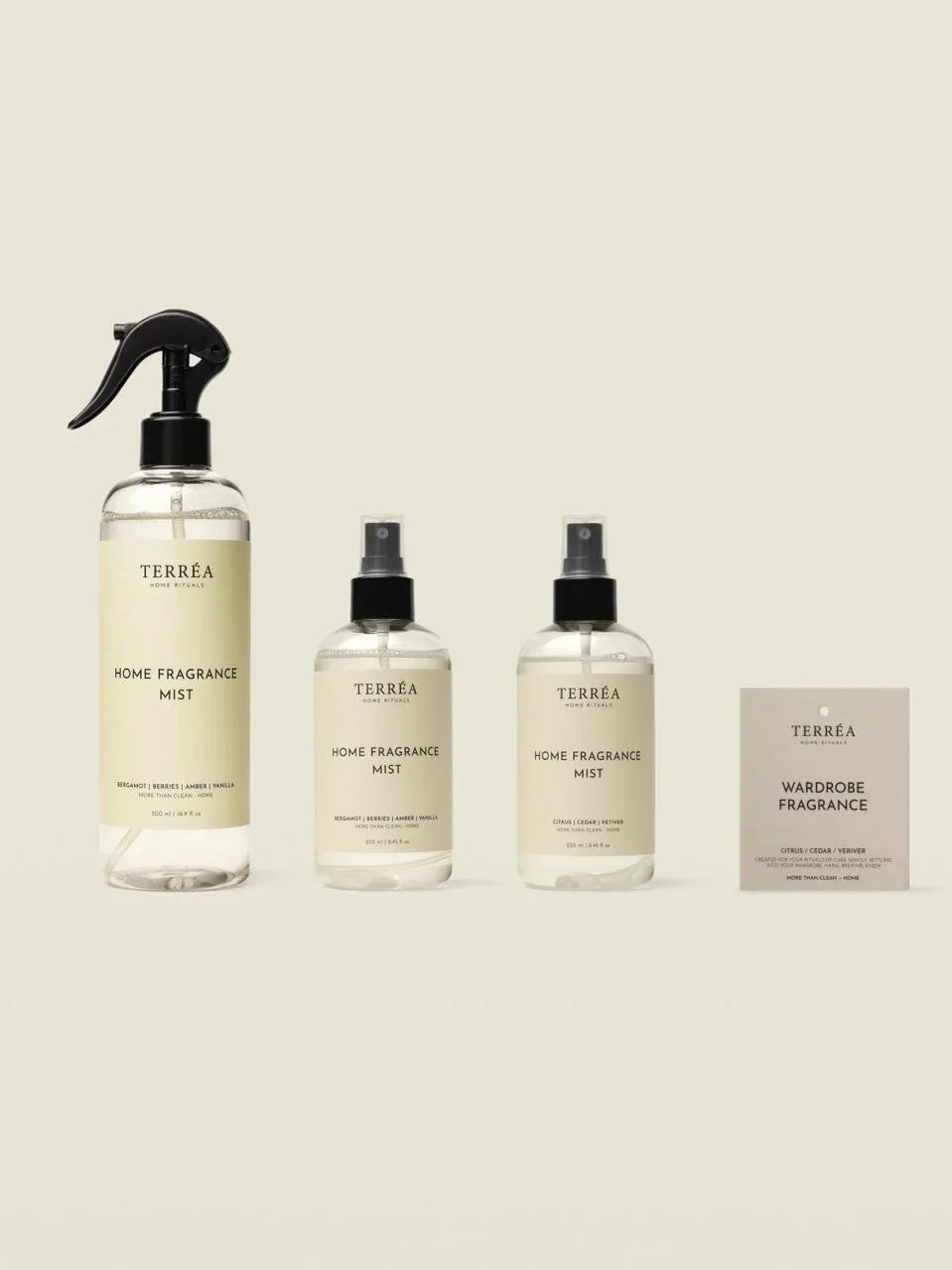 Home fragrance mists and wardrobe scent tag in minimalist design, featuring natural scents for sustainable luxury home care