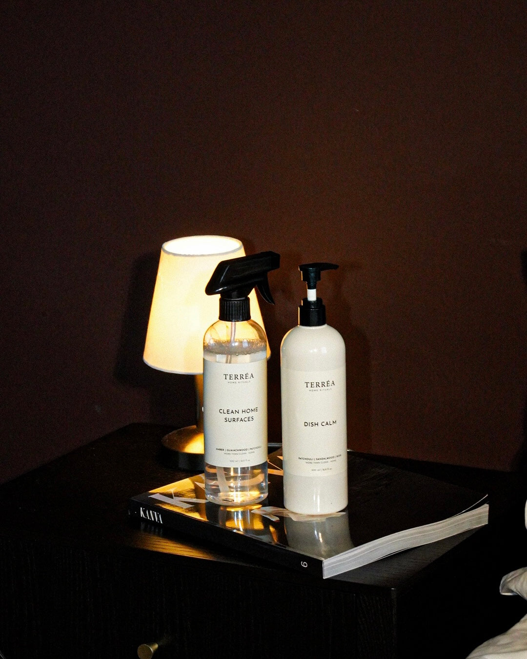 Terréa Clean Home Surfaces spray and Dish Calm washing up liquid under a lamp in the evening