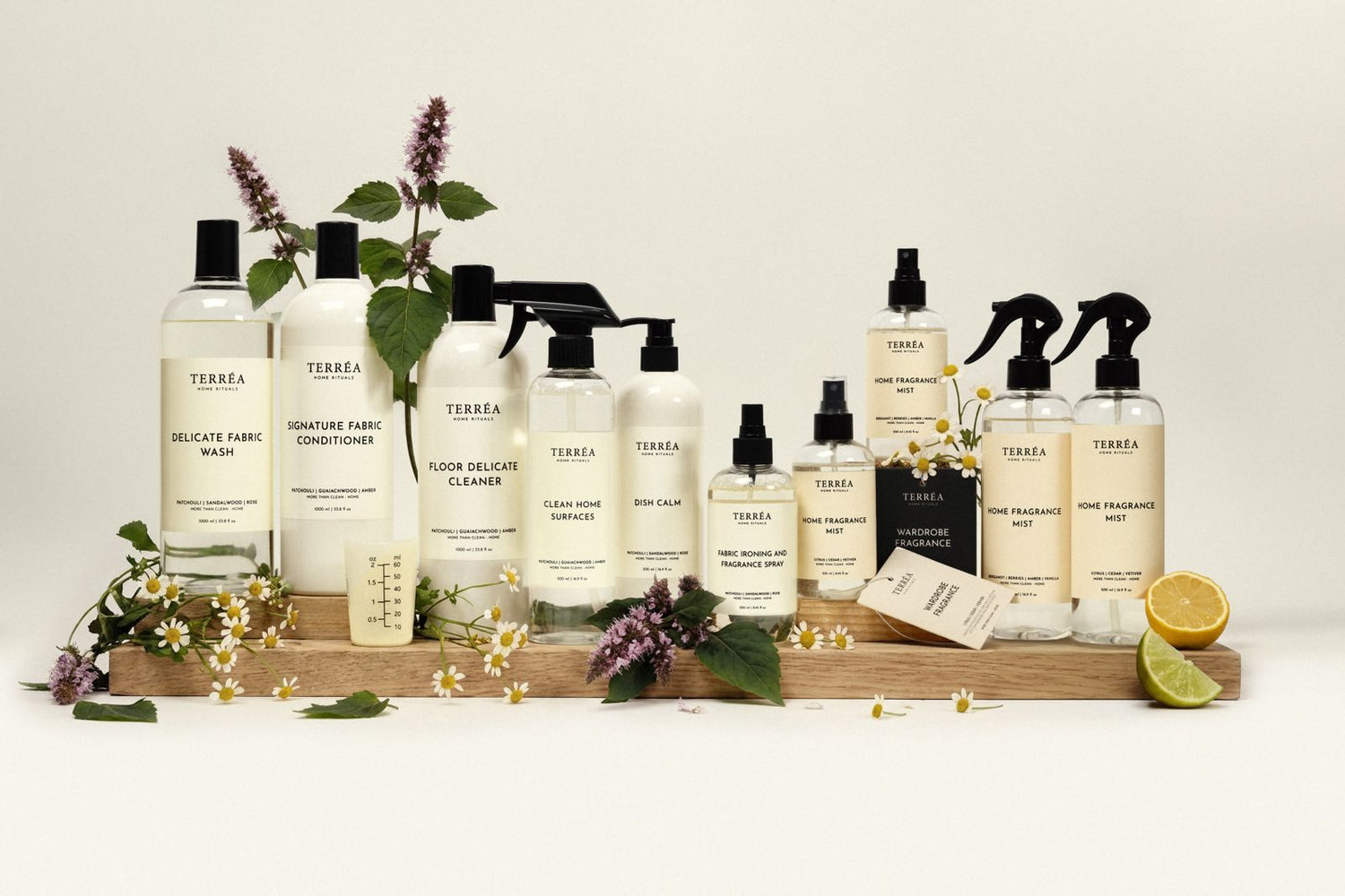 Terréa full collection: Delicate Fabric Wash 1L, Signature Fabric Conditioner 1L, Dish Calm 500 ml, Home Fragrance Mist