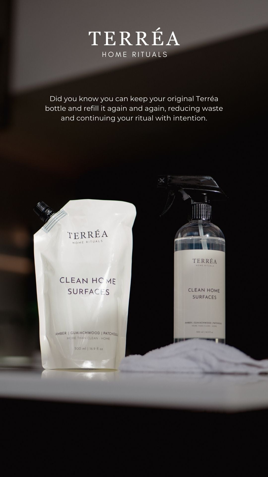 Terréa Clean Home Surfaces refill pouch and spray bottle showing refillable home cleaning system