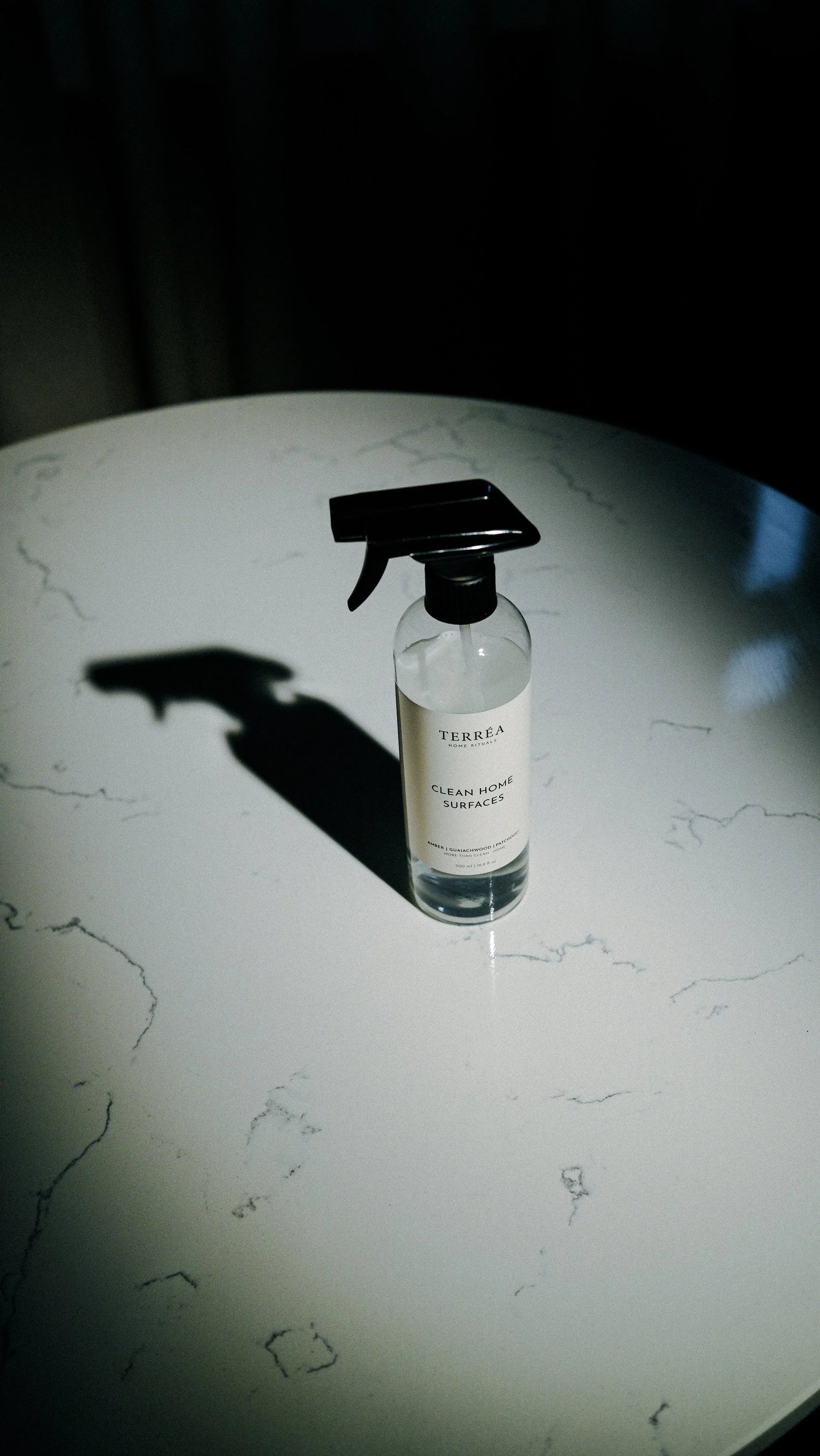Terréa Clean Home Surfaces multi-surface cleaner spray bottle on light stone countertop