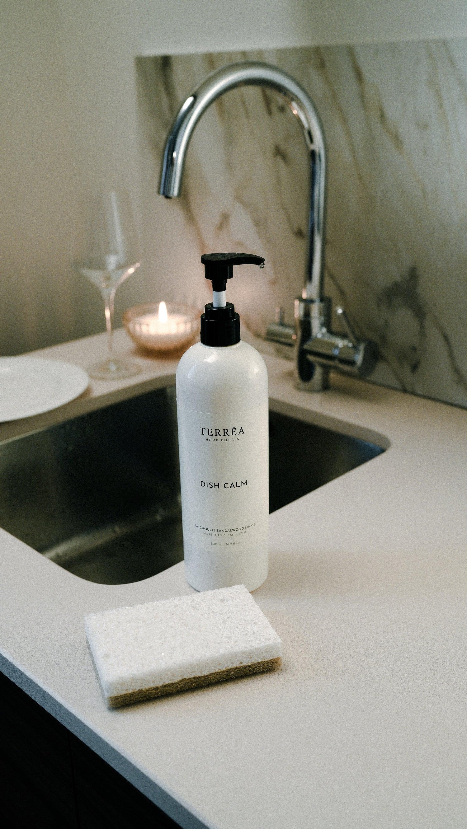 Terréa Dish Calm dishwashing liquid in matte pump bottle beside kitchen sink with sponge on countertop