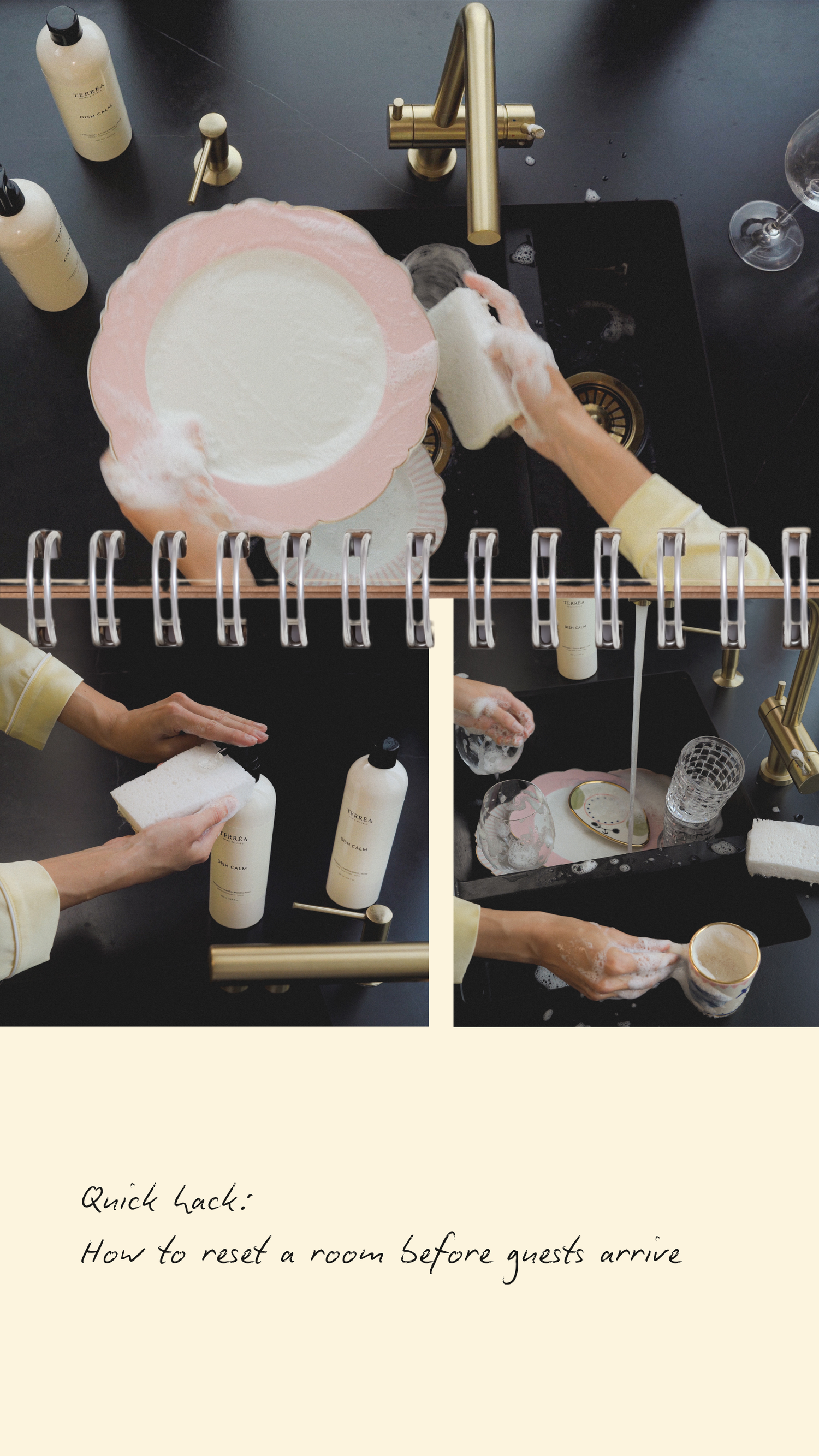 Hands washing dishes in a black sink with Terréa Dish Calm bottles nearby, part of ‘Quick hack: how to reset a room before guests arrive