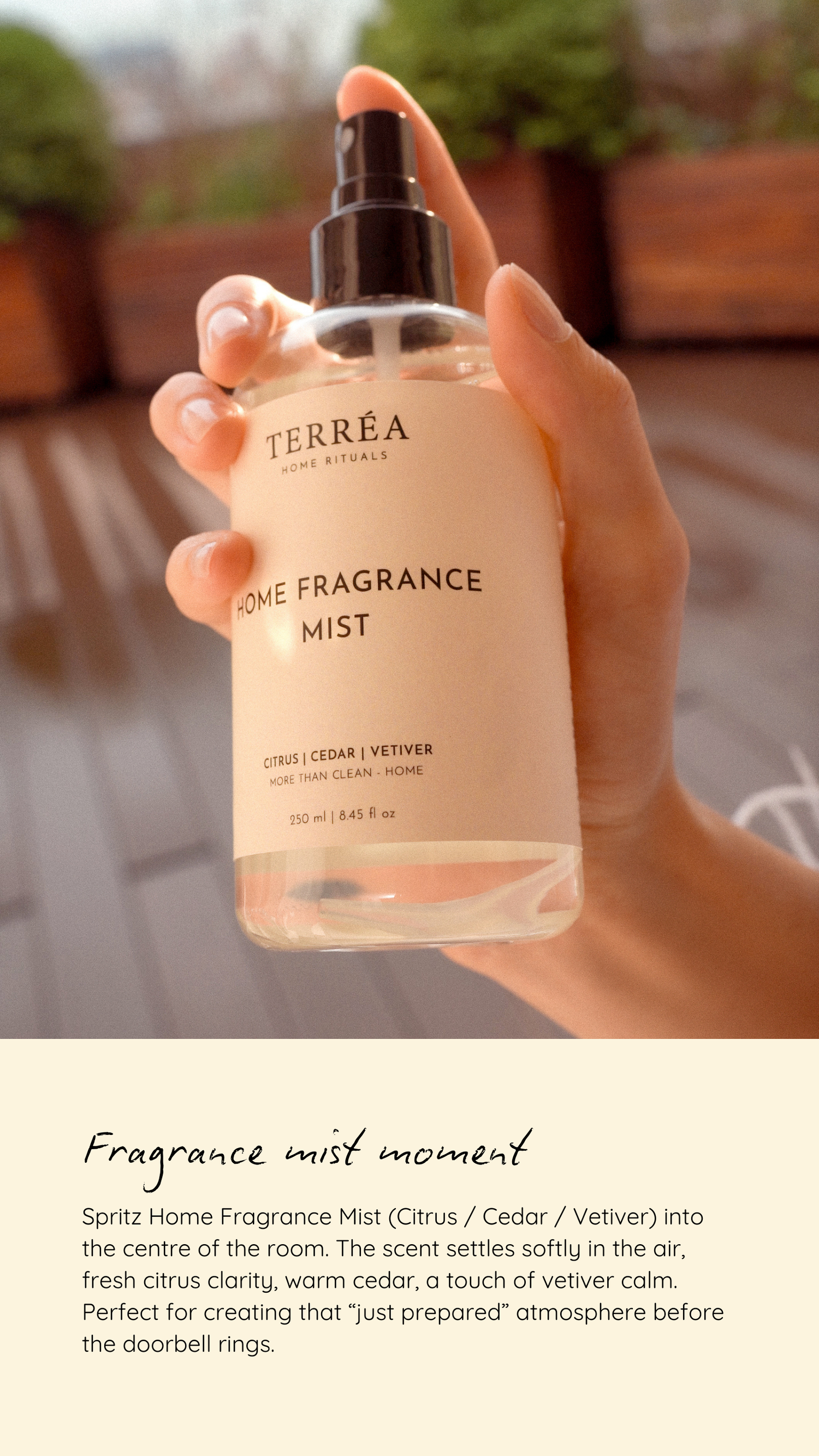 Terréa Home Fragrance Mist Citrus / Cedar / Vetiver 250 ml held in hand in warm light, styled for a ‘Fragrance mist moment’