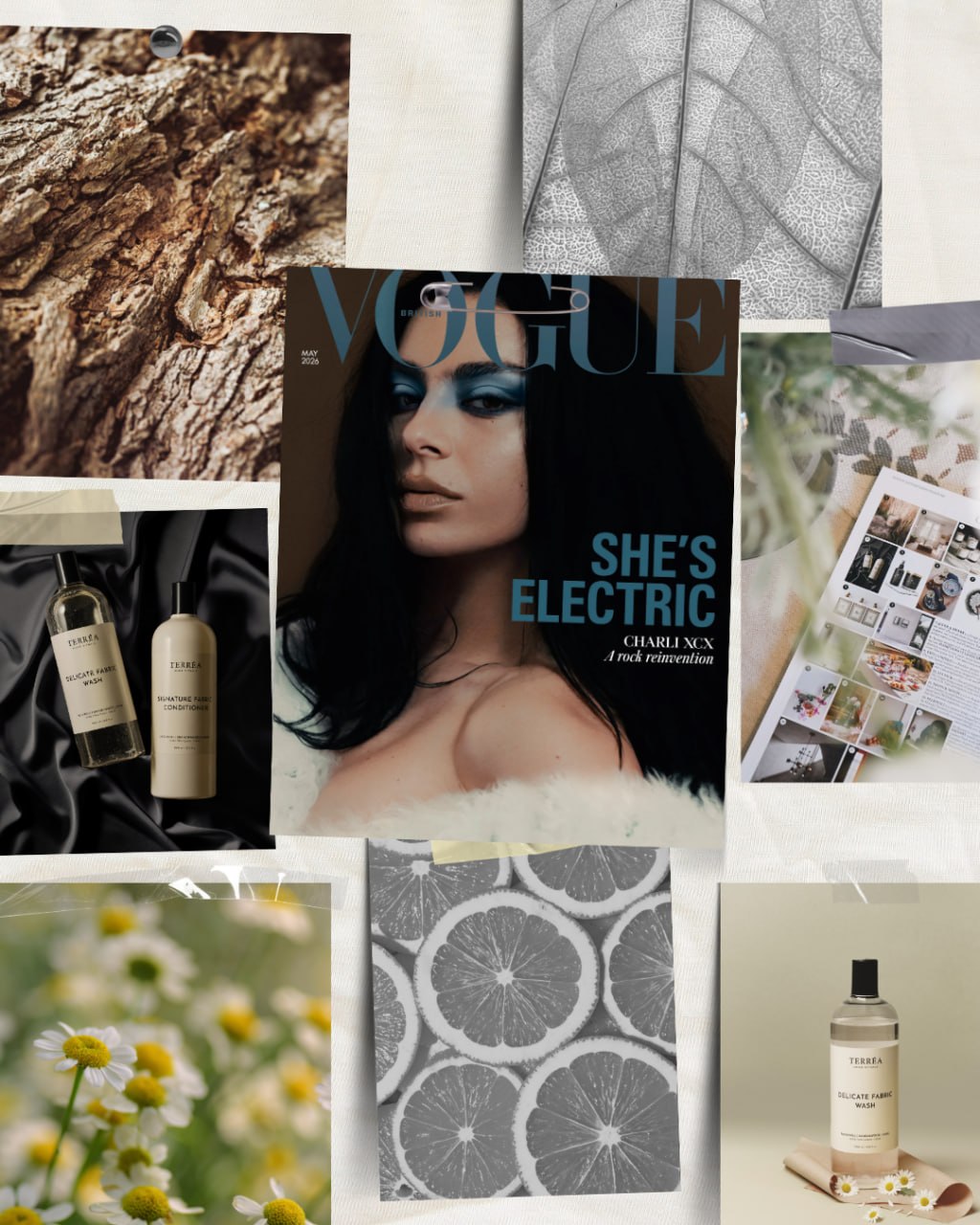 Eco-friendly fabric wash & conditioner bottles styled with Vogue magazine, lemon slices, and chamomile flowers for sustainable home care.