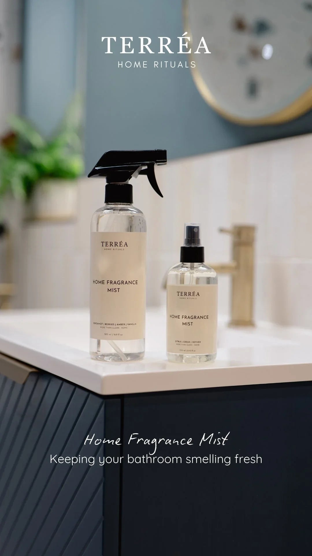 Two Terréa room mists on a bathroom countertop