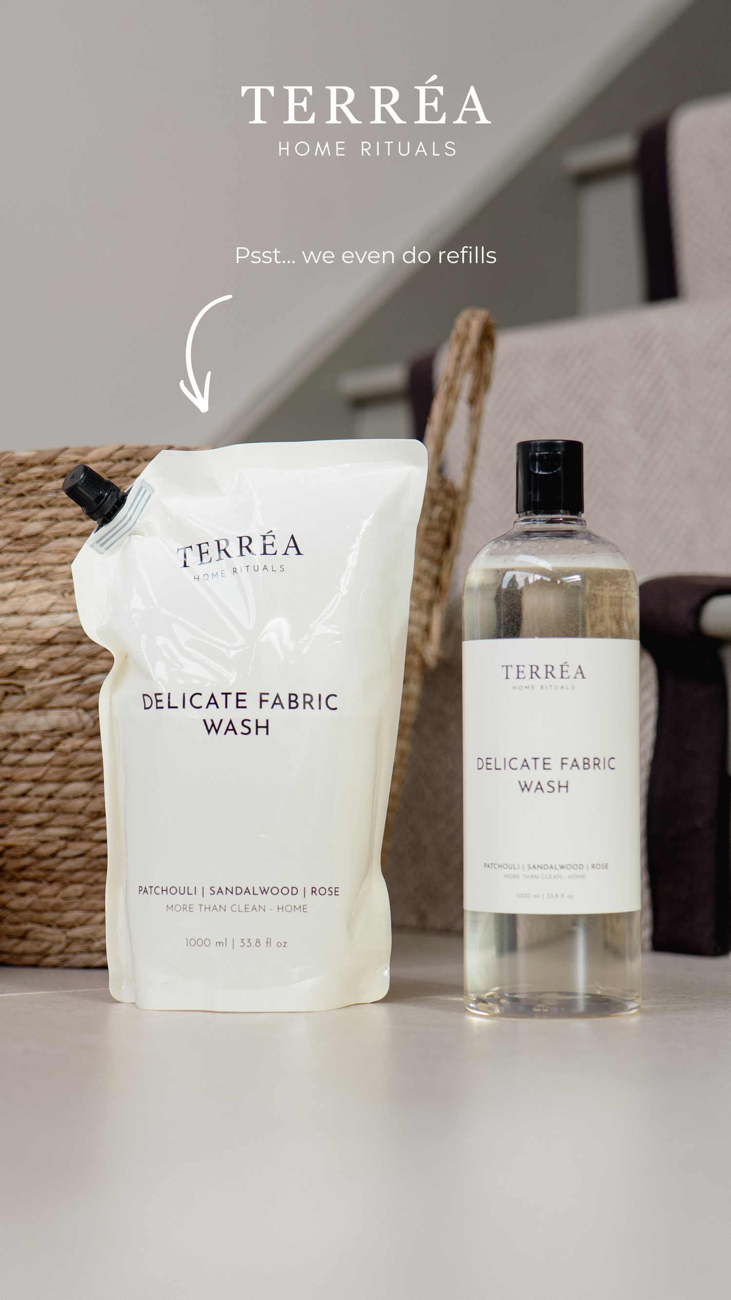 Terréa Delicate Fabric Wash refill pouch beside reusable bottle, refillable laundry detergent system