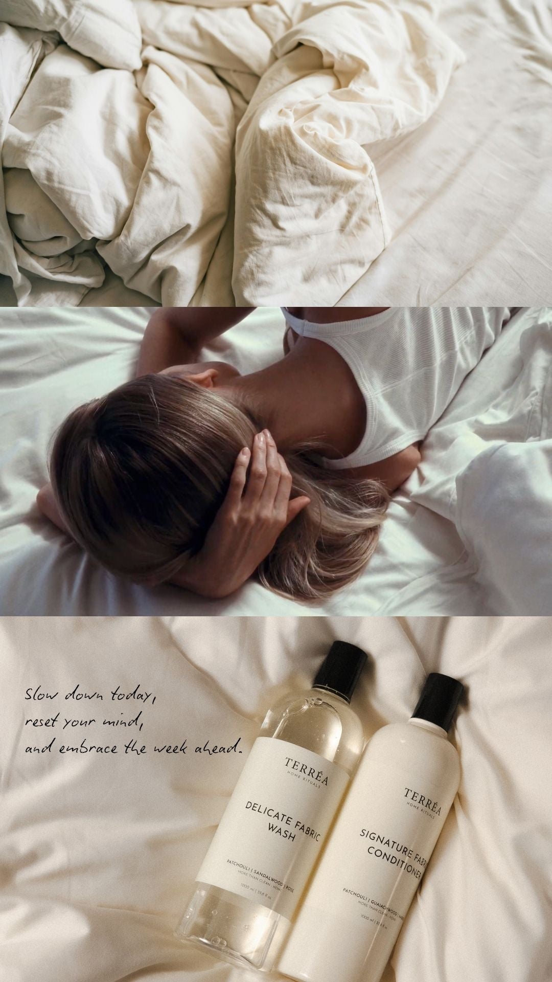 Person lying in bed with two bottles of Terrea laundry care,  best laundry detergent and fabric conditioner.