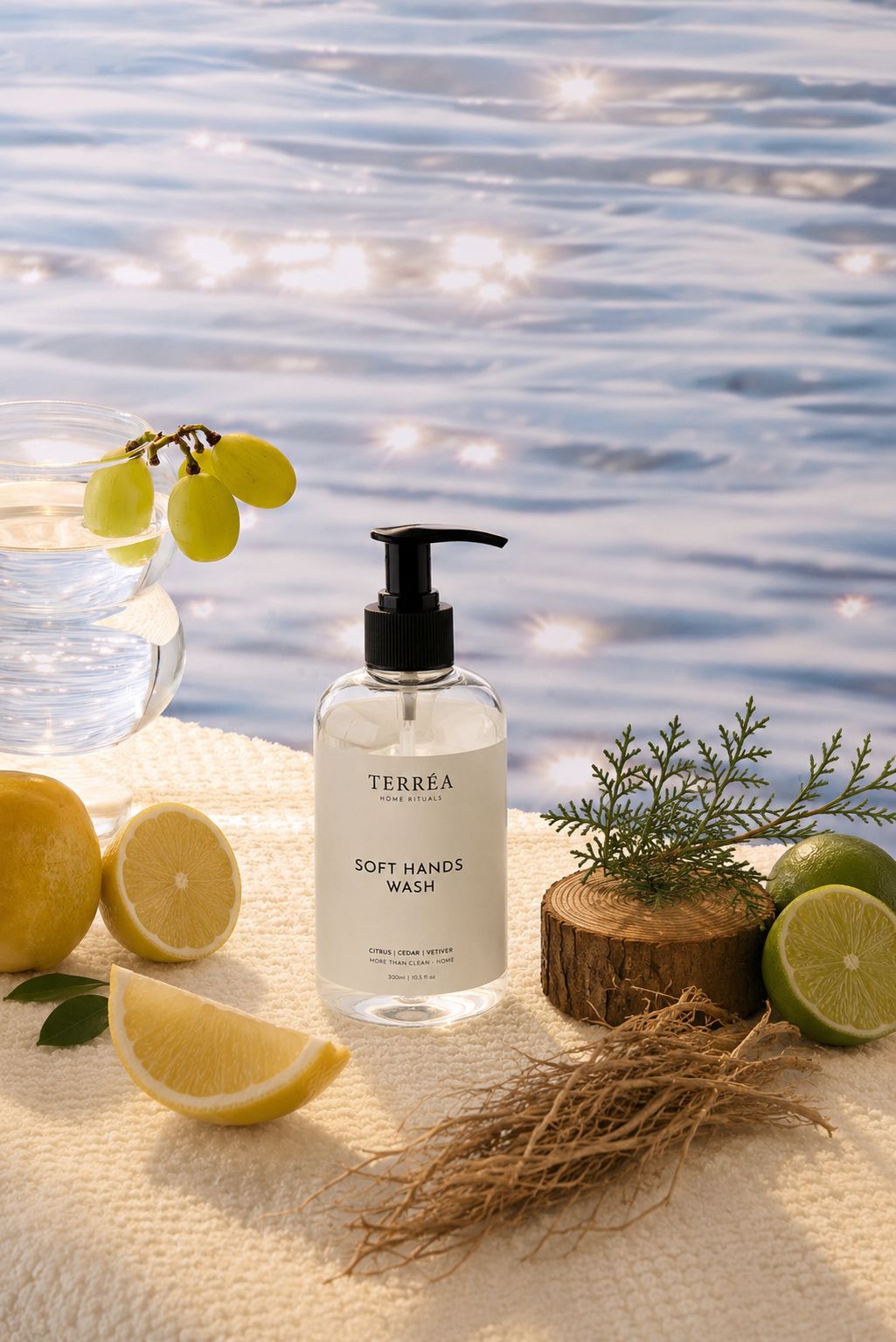 Terréa Soft Hands Wash bottle styled by sparkling water, citrus fruits, grapes and greenery on a soft towel.