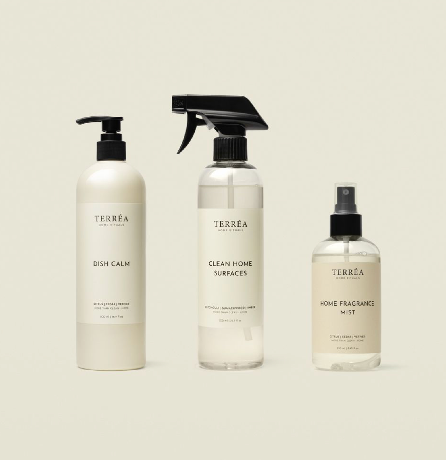 Three TERREA cleaning products on a beige background