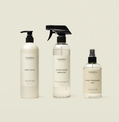 Three TERREA cleaning products on a beige background