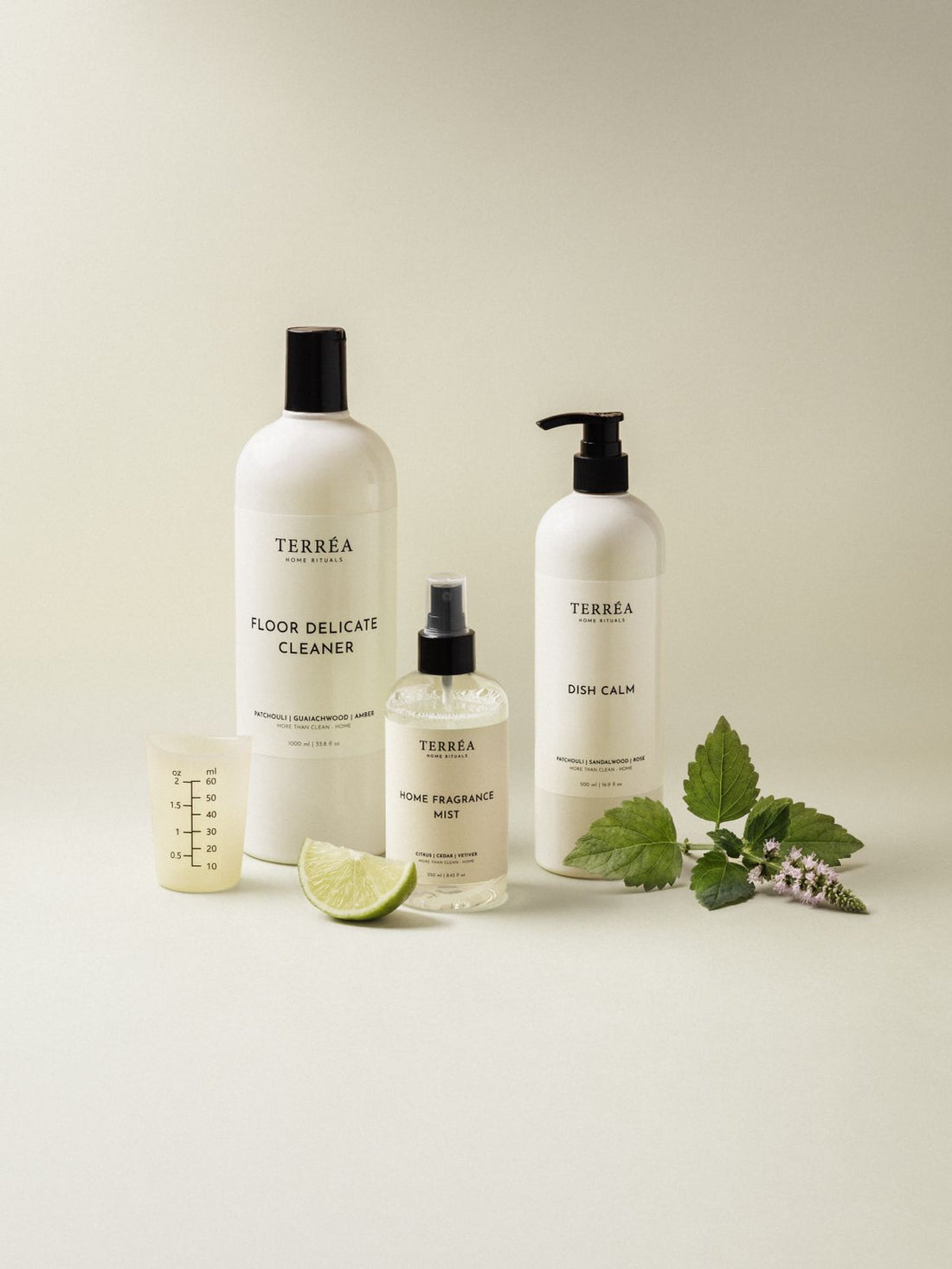 Terréa Kitchen Calm set: Floor Delicate Cleaner 1000 ml, Dish Calm 500 ml, Home Fragrance Mist 250 ml with lime and herbs
