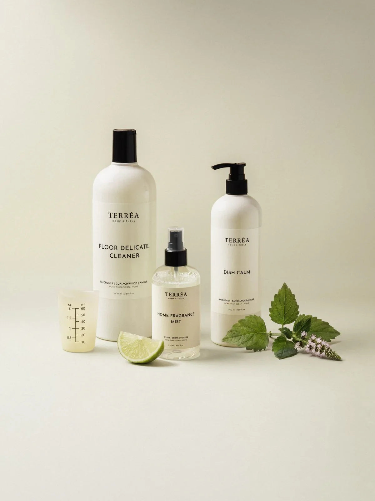 Eco-friendly home cleaning &amp; fragrance products with lime and mint, sustainable luxury for home rituals