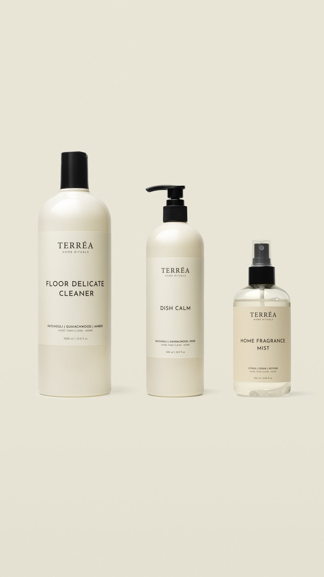 Three bottles of Terrea cleaning products on a beige background