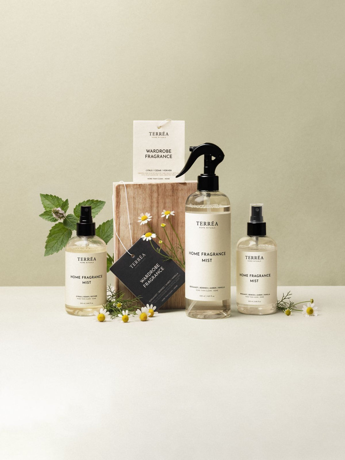 Terréa scent set: Home Fragrance Mist 500 ml and 250 ml with Wardrobe Fragrance cards, daisies and mint leaves