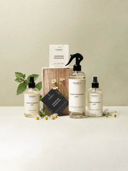 TERRÉA Home Fragrance Mist bottles with natural flowers and wooden block, eco-luxury home care