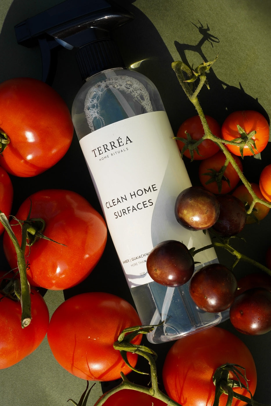 Terréa Clean Home Surfaces spray nestled among ripe tomatoes and dark berries against an olive-green backdrop, with warm sunlight, glossy highlights and deep botanical shadows.