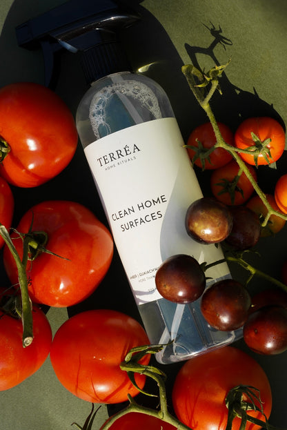 Terréa Clean Home Surfaces spray nestled among ripe tomatoes and dark berries against an olive-green backdrop, with warm sunlight, glossy highlights and deep botanical shadows.