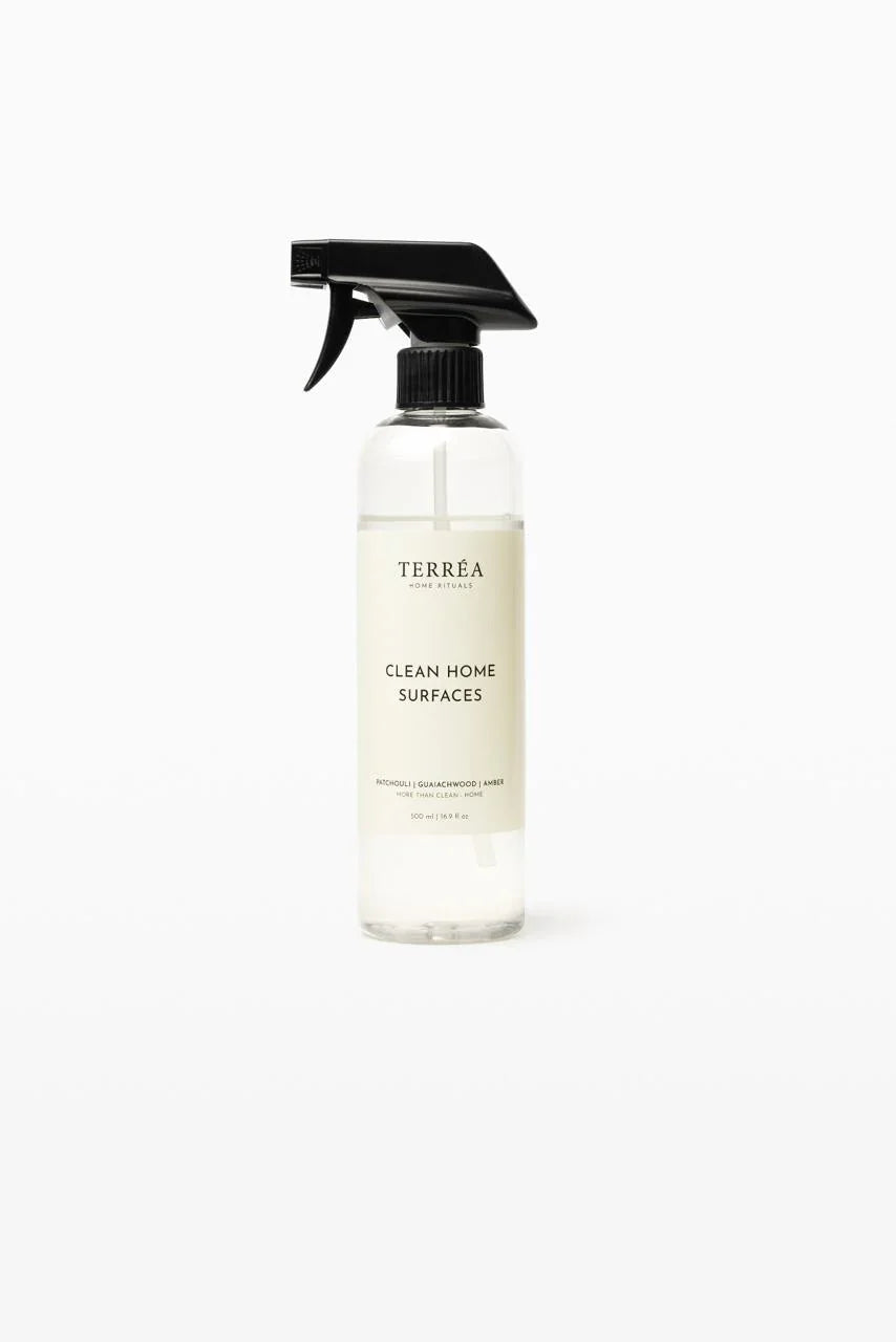 Terrea clean home surfaces spray bottle on a white background