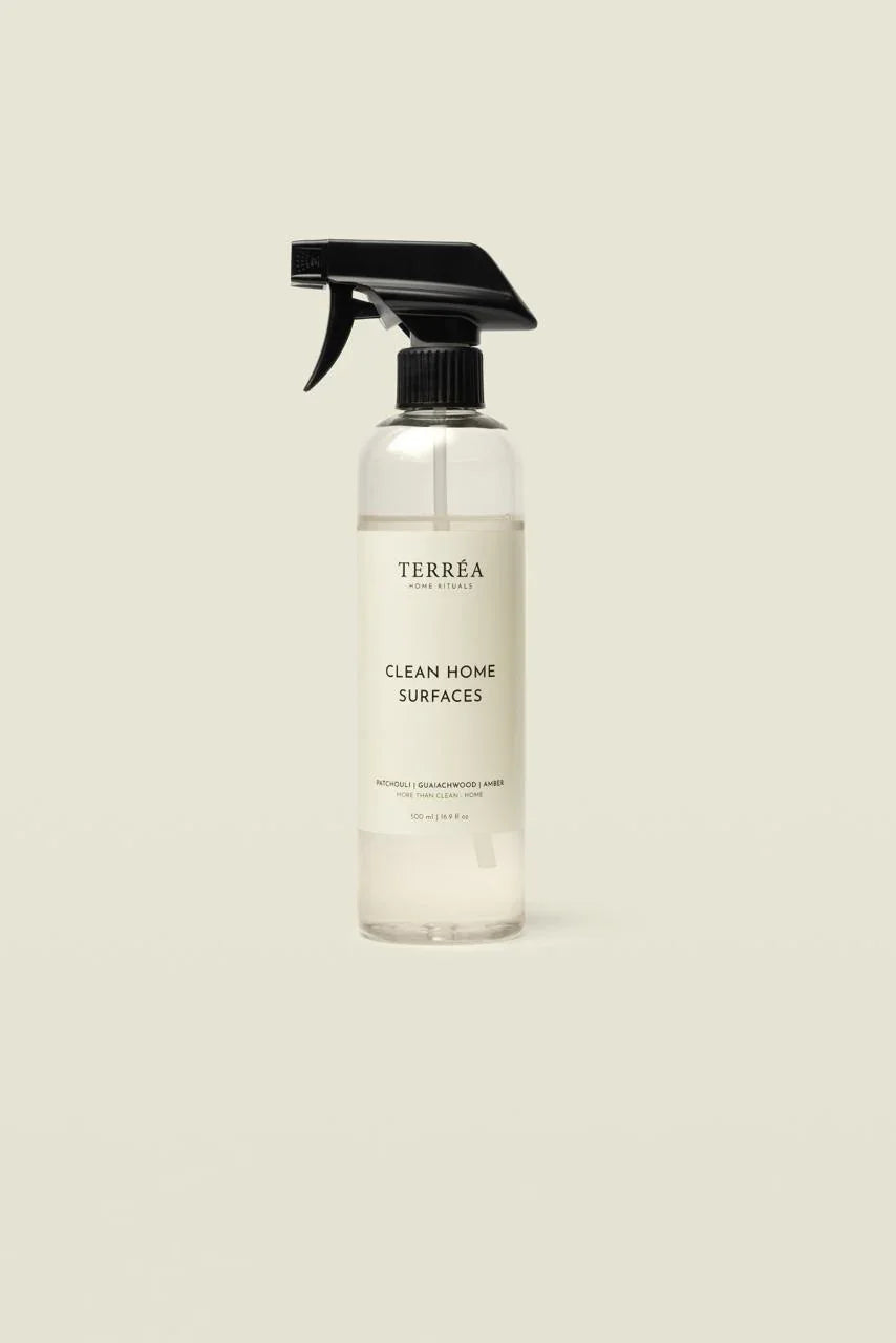 Terrea clean home surfaces spray bottle on a beige background