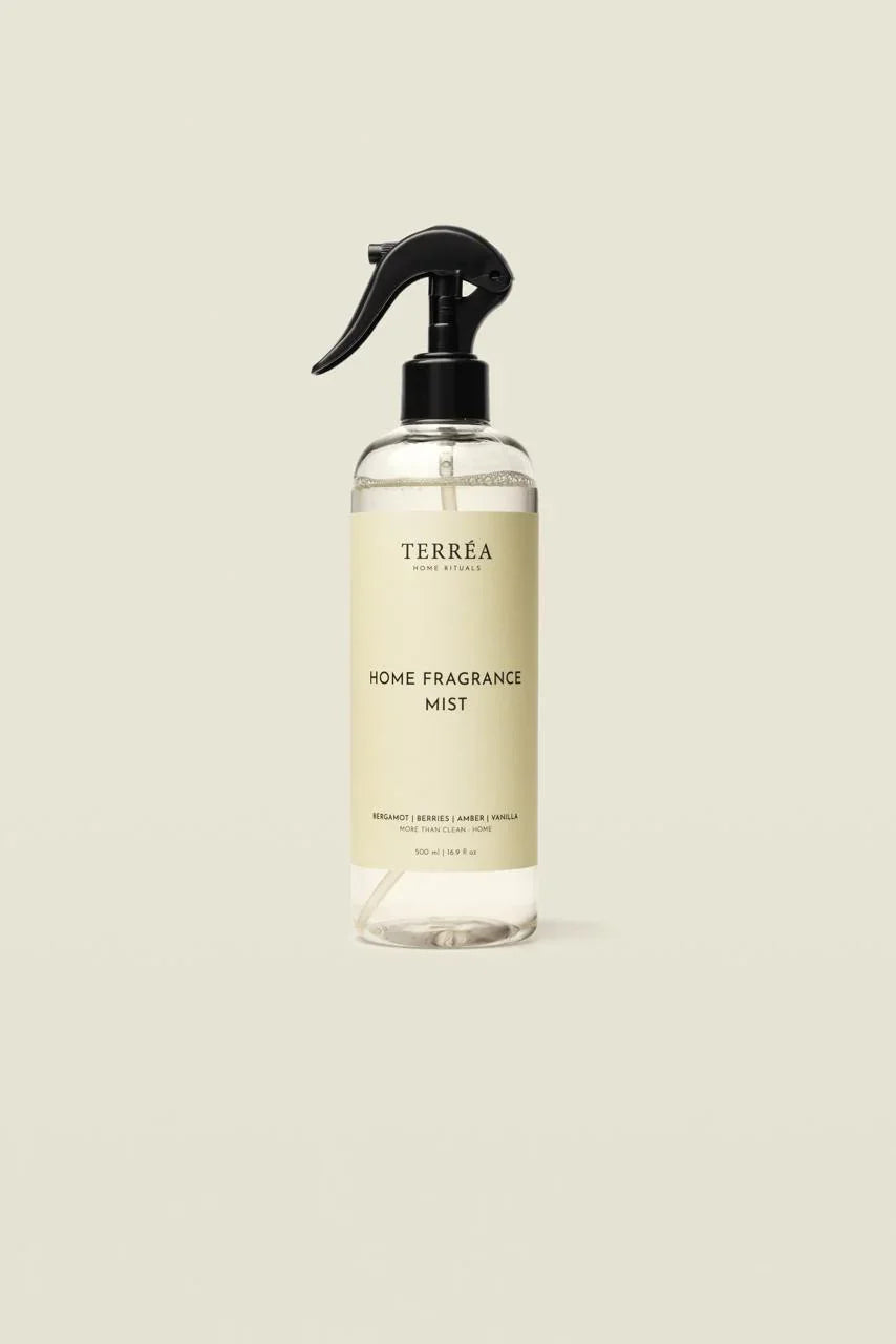 Terrea home fragrance mist bottle on a beige background