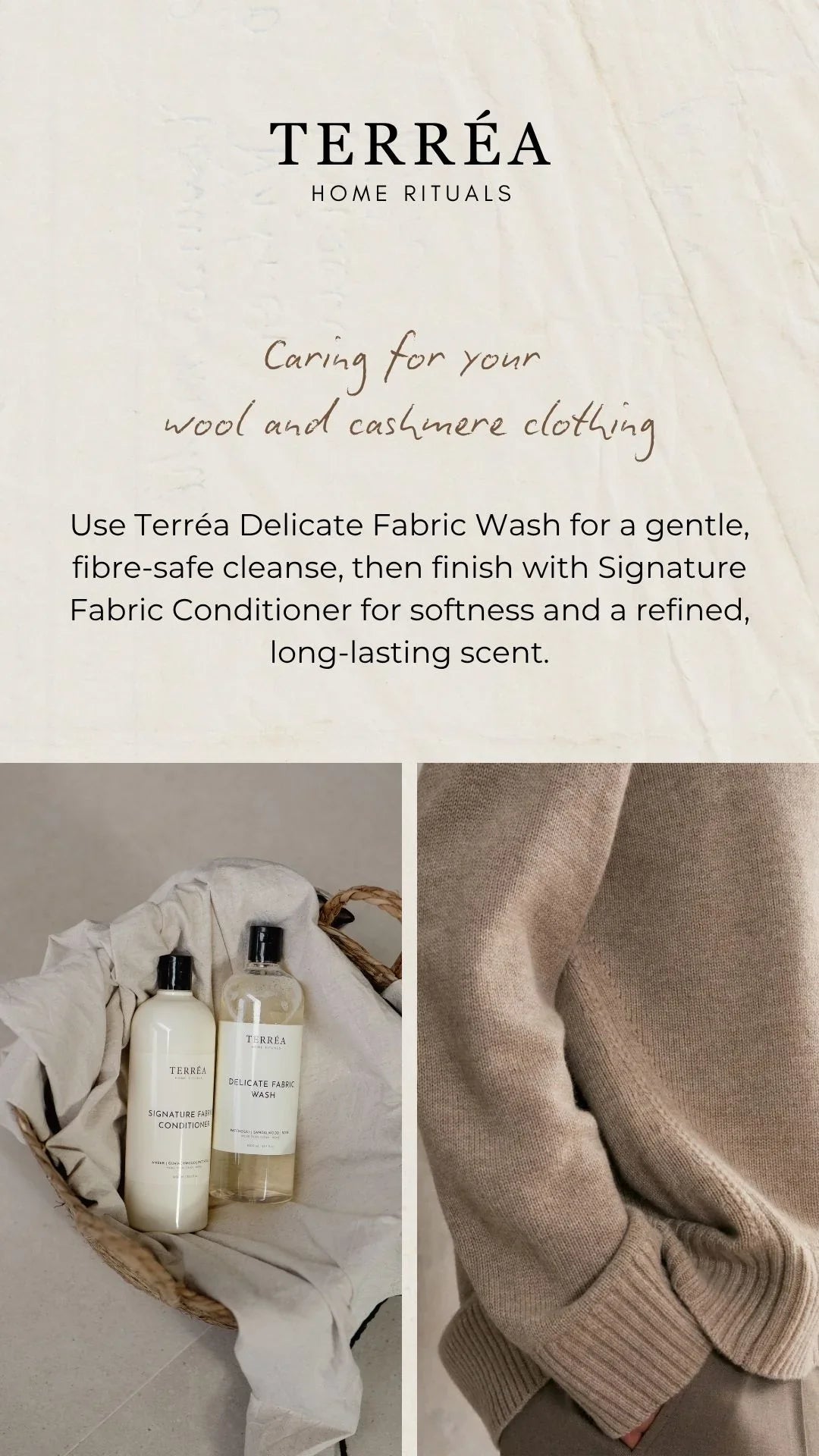 Advertisement for Terrea home rituals with text and images of fabric care products and a sweater.