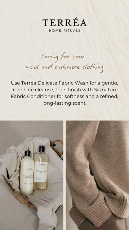 Advertisement for Terrea home rituals with text and images of fabric care products and a sweater.