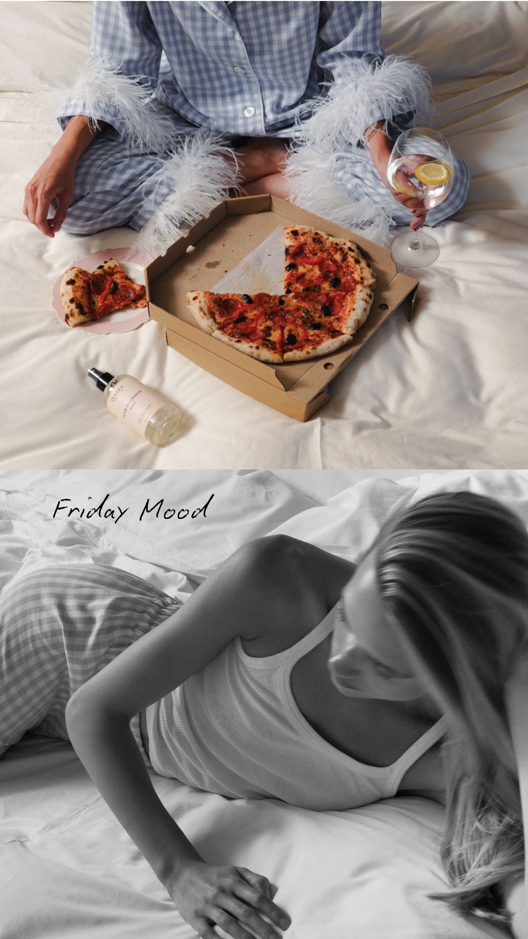 Two people lounging on a bed with pizza and drinks, labeled 'Friday Mood'.