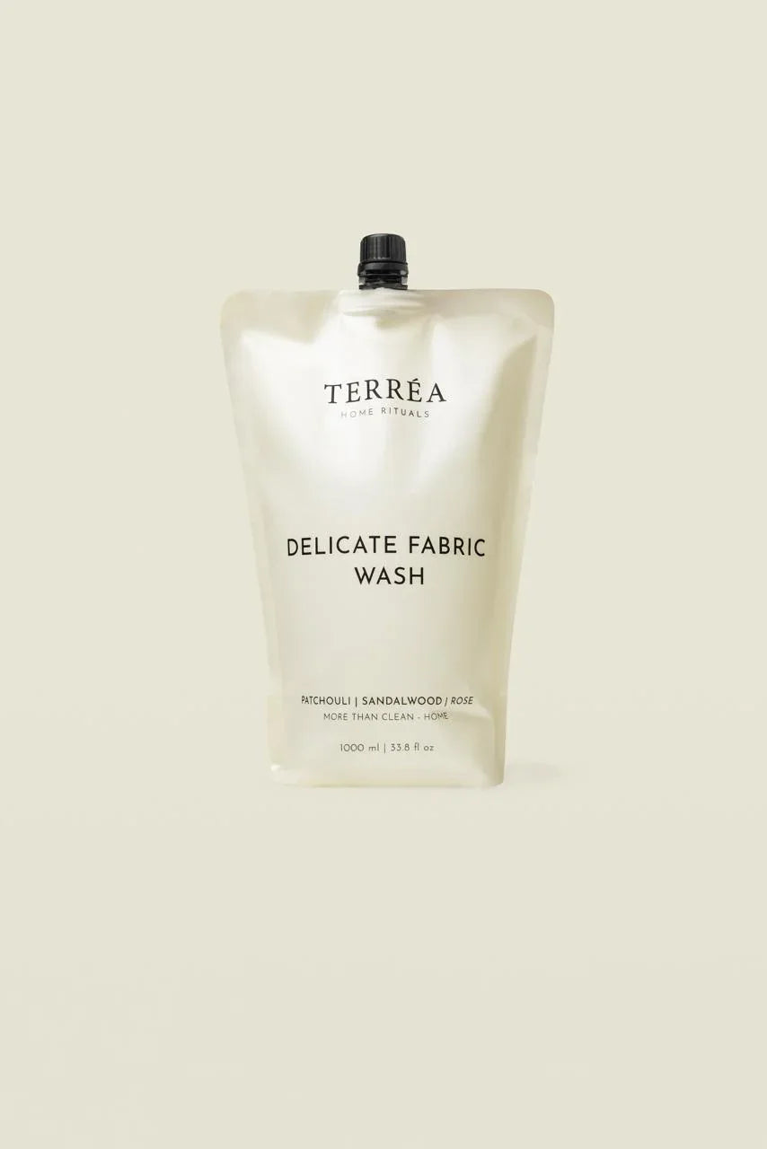 Terrea Delicate Fabric Wash pouch on a beige background