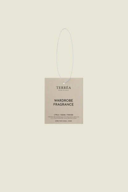 Terréa Wardrobe Fragrance, cream sachet - wardrobe freshener on white background.