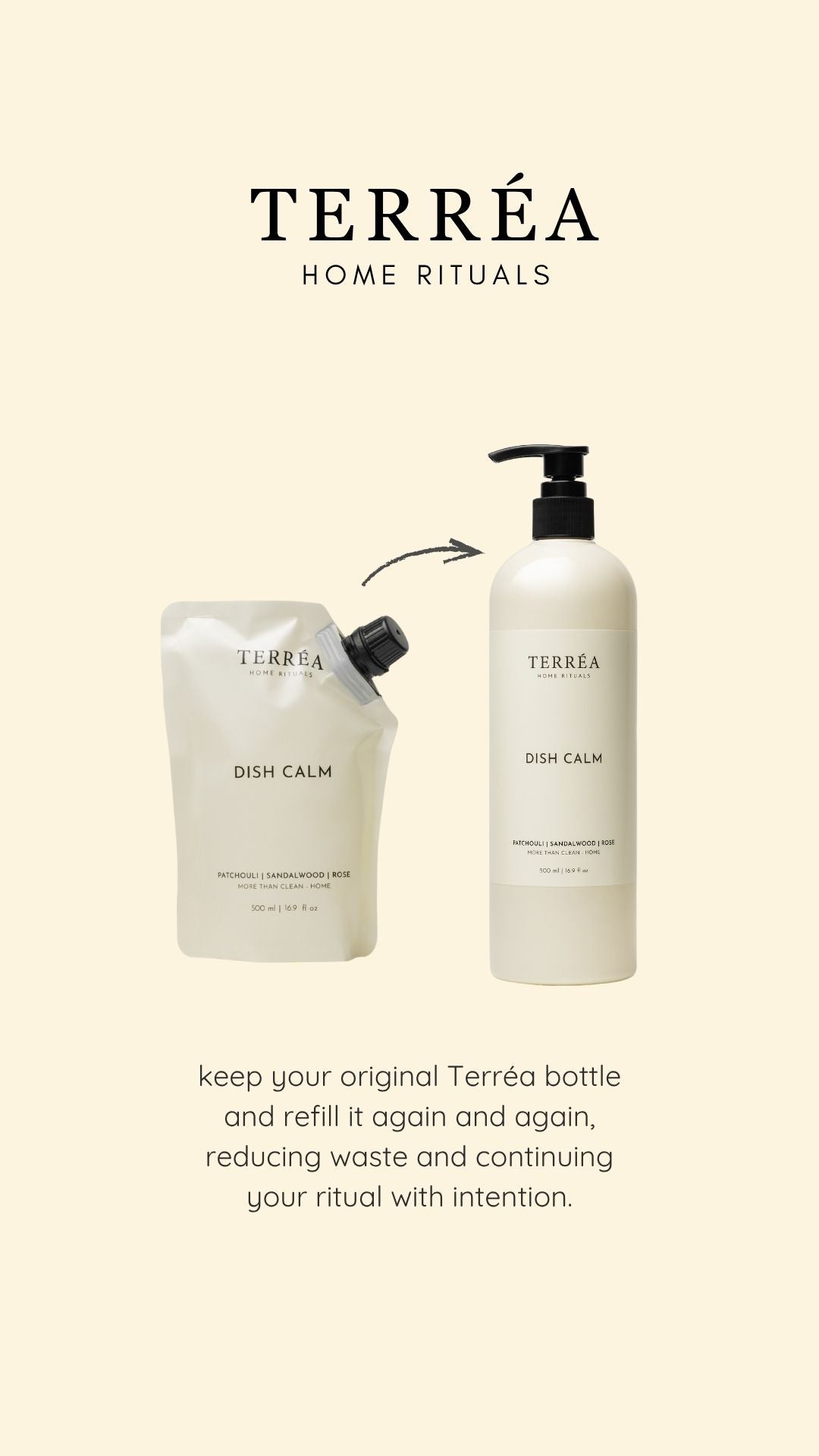 Two Terrea bottles, one in pump packaging and the other in a larger container, on a beige background.