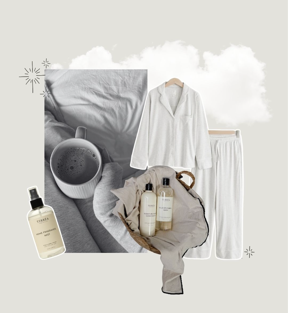 Collage of a white robe, pajama set, and laundry additives on a neutral background