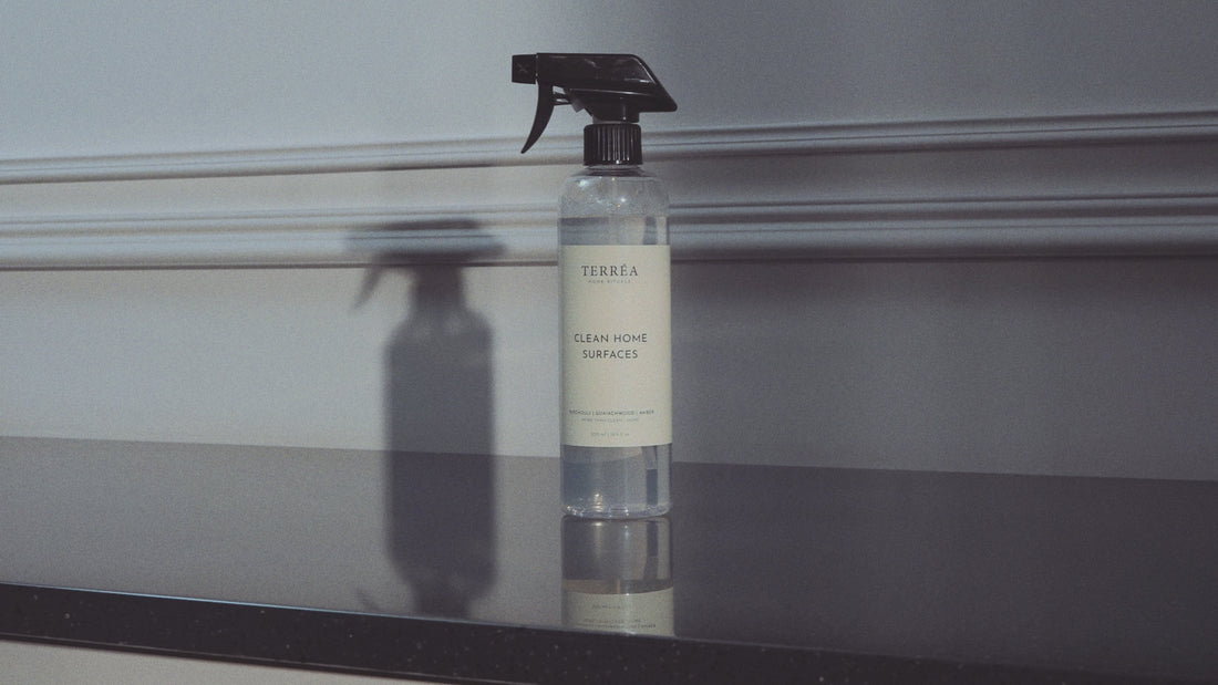 Terréa Clean Home Surfaces - woman in feather-trim pyjamas wiping surfaces; calm, deep-clean home ritual.