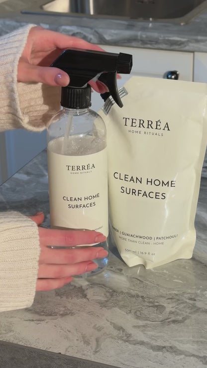 Refilling a Clean Home Surfaces spray bottle from the refill pouch
