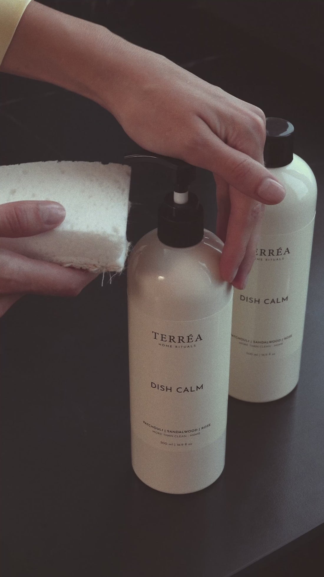 Terréa Dish Calm - woman washing dishes in a modern, stylish kitchen; gentle, refined washing-up ritual.