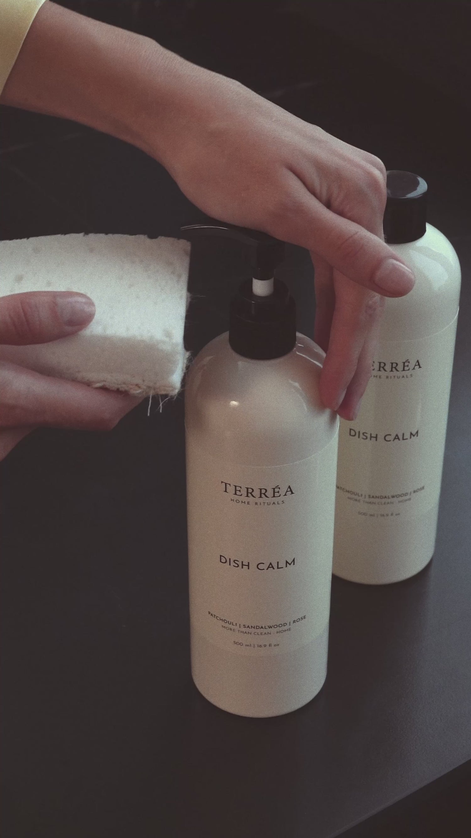 Terréa Dish Calm - woman washing dishes in a modern, stylish kitchen; gentle, refined washing-up ritual.