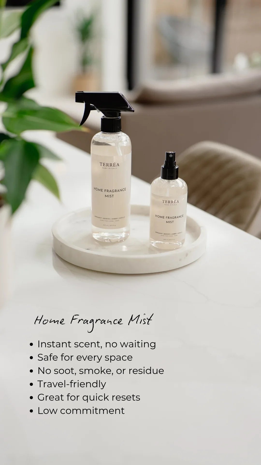 Two Terréa Home Fragrance Mist bottles on a marble tray by a window, with a list of everyday uses beneath