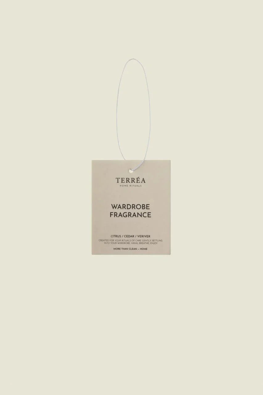 Terréa Wardrobe Fragrance, cream sachet - wardrobe freshener on white background.